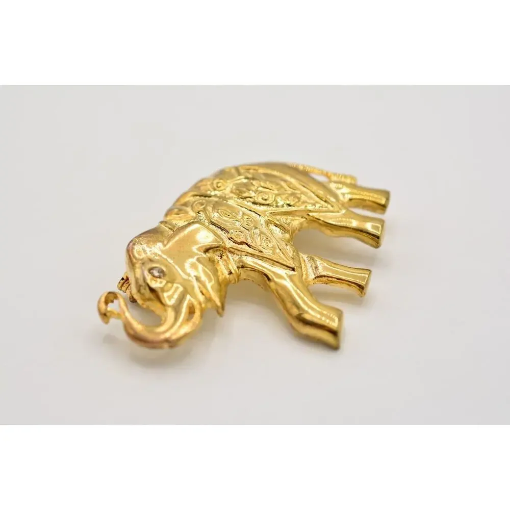 Vintage Elephant Pin Brooch Gold Rhinestone Antiqued Gold Tone Chunky 1980s 9B
